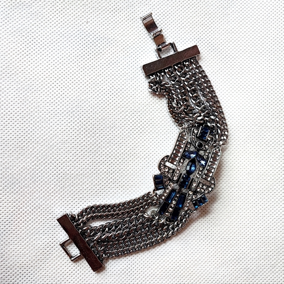 Silver Tone 6 Strand Chain Sapphire Blue Rhinestone Reproduction Bracelet - Picture 3 of 6